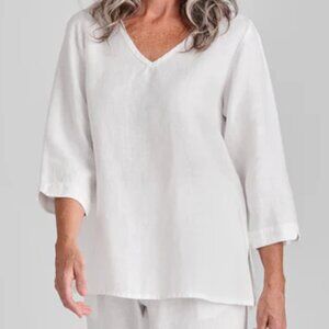 FLAX V Pullover White Linen 3/4 Length Sleeve Women's Shirt Size Medium